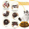 Various toy shapes of a round corrugated cat scratcher with sisal surface shown in different styles