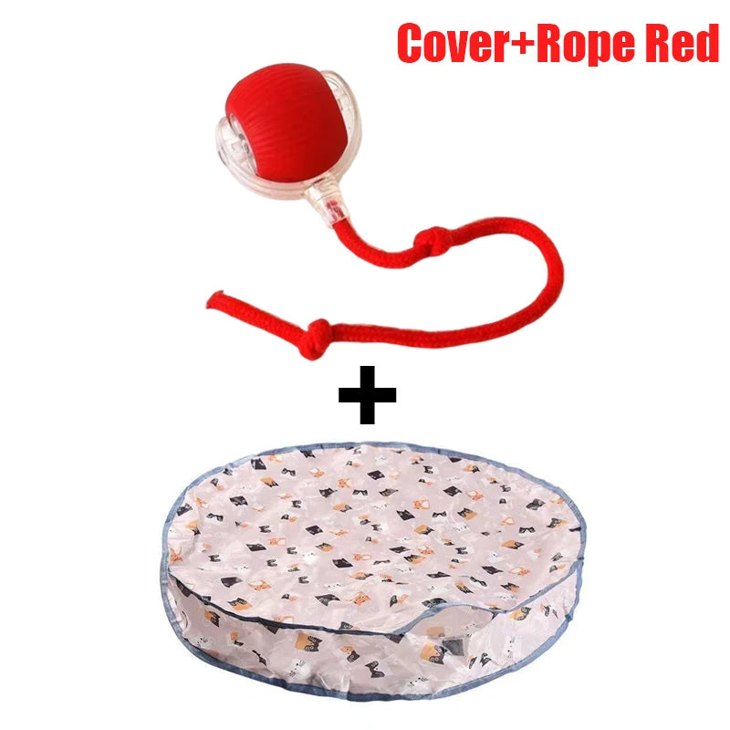 Red cover and rope motion-activated hide and seek cat toy with a rolling ball and pouch
