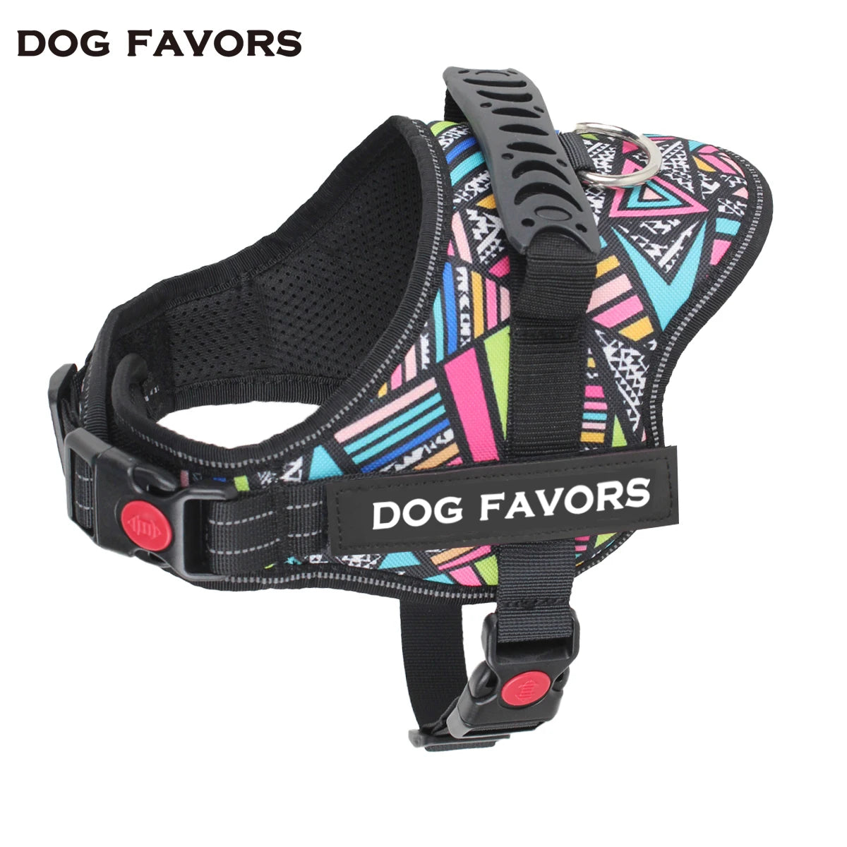A black dog harness vest with colorful geometric patterns and a black ID tag.