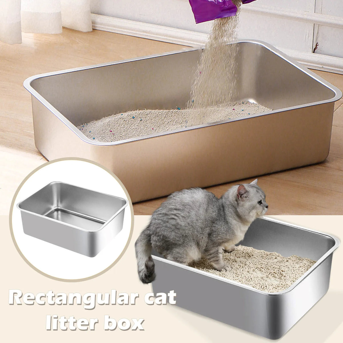 A stainless steel rectangular cat litter box being filled with dry litter.