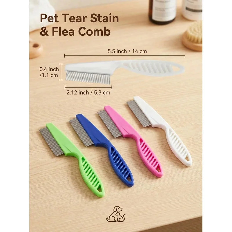 A collection of fine-toothed stainless steel pet grooming combs in various colors for removing tear stains and fleas