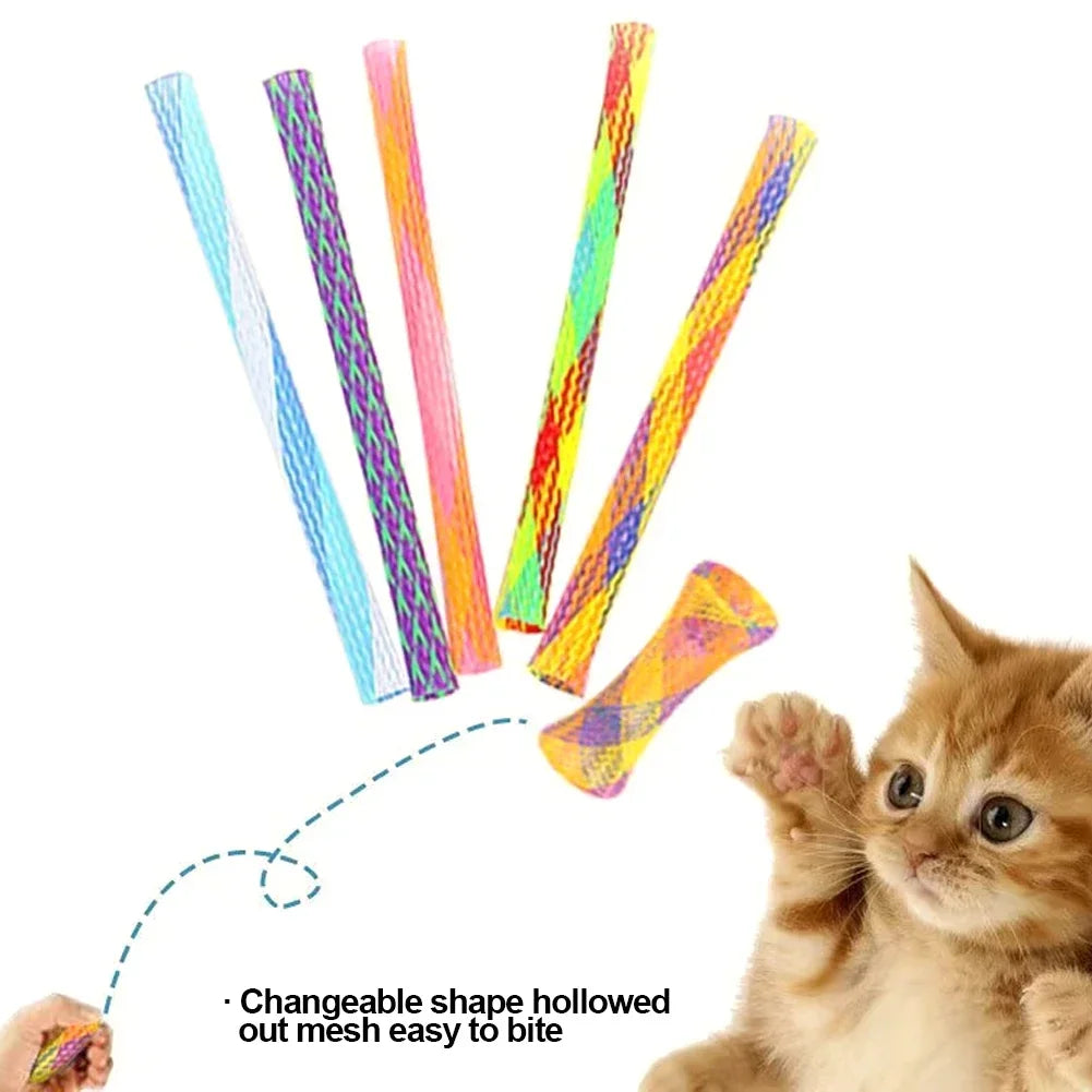 A set of colorful, changeable shape hollowed out mesh springs for an interactive cat toy.