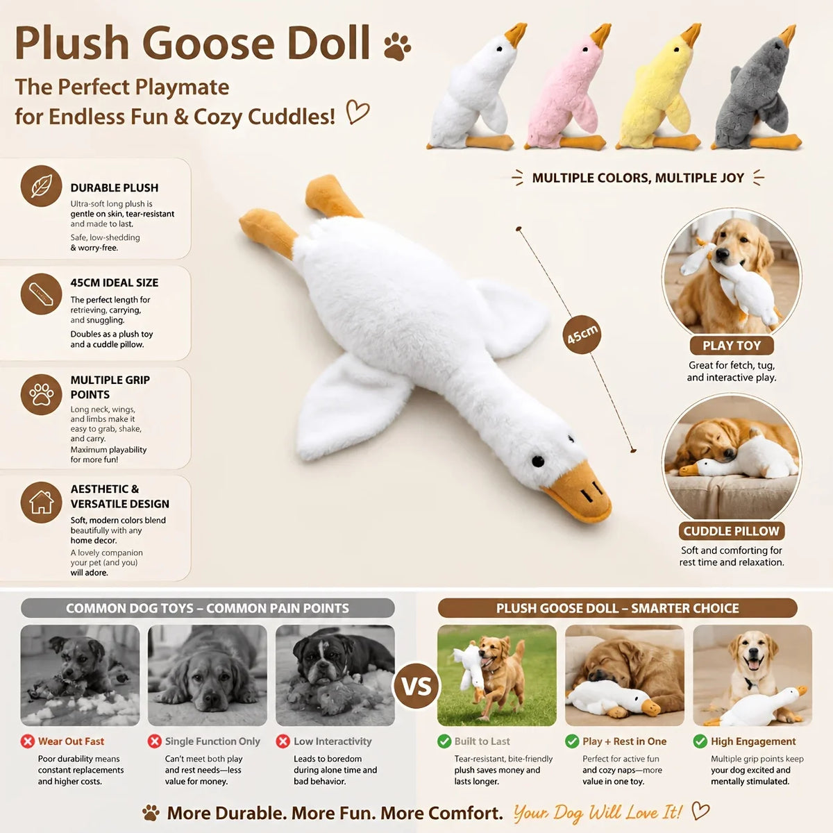 A white plush goose doll toy for pets shown with various colors and features.