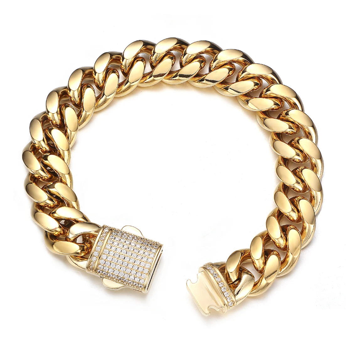 A gold-toned stainless steel curb chain bracelet with a diamond-encrusted clasp.