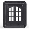 A black magnetic mesh screen door with a self-closing pet flap is shown in a square frame.