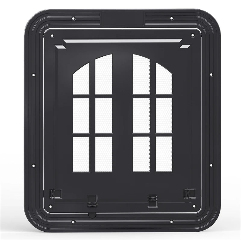 A black magnetic mesh screen door with a self-closing pet flap is shown in a square frame.
