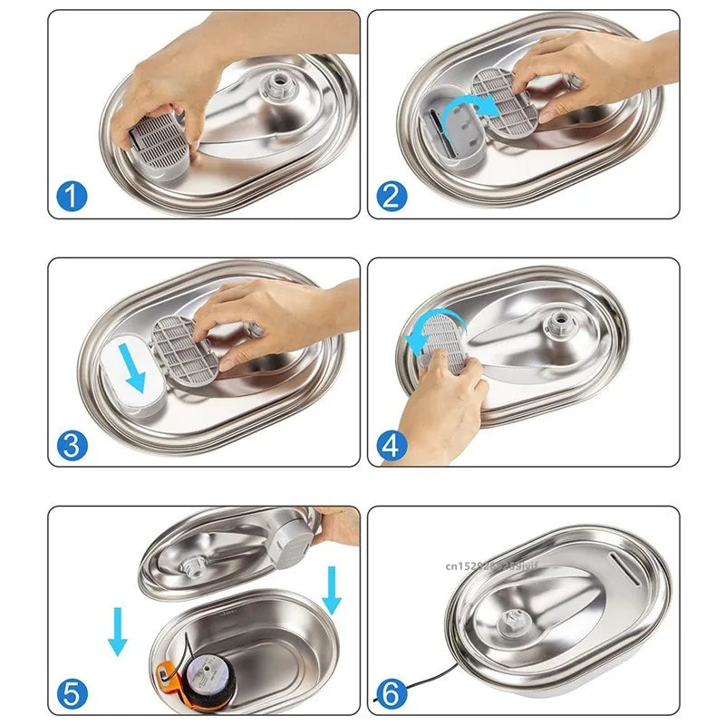 Six stainless steel replacement filters for pet water fountains shown in various stages of use and installation.