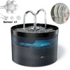 A black automatic pet water fountain with a clear top and a sensor for pet hydration.