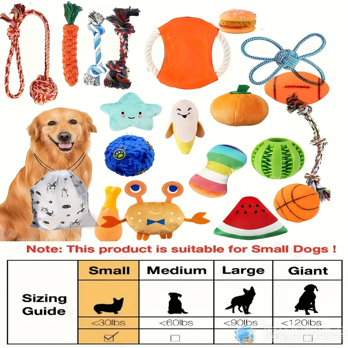 A collection of squeaky plush dog toys including a orange bone, green pumpkin, and various fabric toys for small dogs.