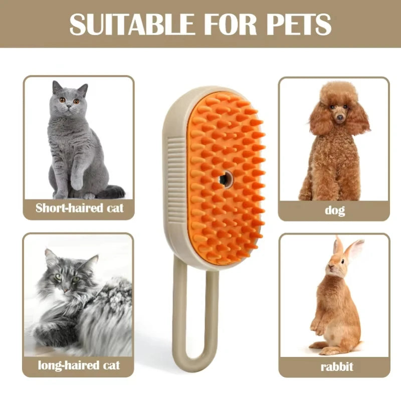 An orange steam grooming brush with a flexible comb is shown next to pictures of pets including a cat, dog, and rabbit.