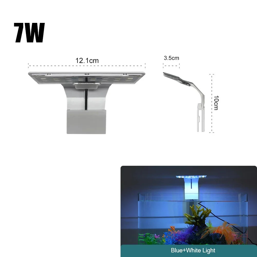 A slim clip-on LED aquarium light with a 7W power rating, showing its dimensions and usage in an aquarium.