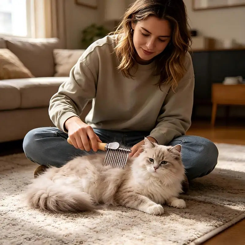 Une femme utilise une brosse et un râteau professionnels pour brosser son chat gris et duveteux à l'intérieur.