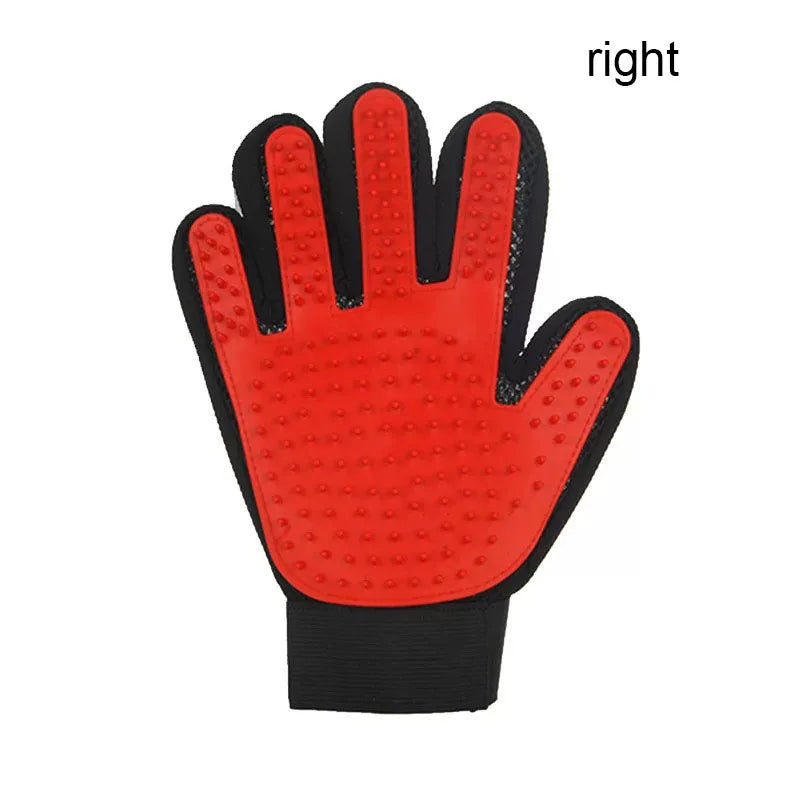A bright red silicone pet grooming glove with black accents shown from the palm side.