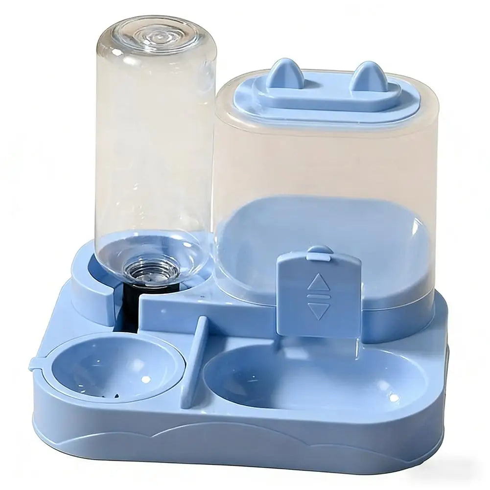 A light blue gravity-fed pet food dispenser with a water bowl for cats and small dogs.