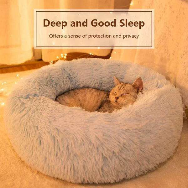 A fluffy light blue pet bed with a cat sleeping inside, offering protection and privacy.