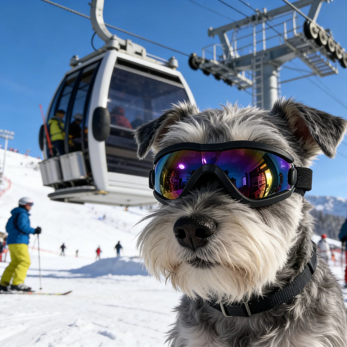 A fluffy dog wearing black UV protection sunglasses outdoors in a snowy mountain environment.