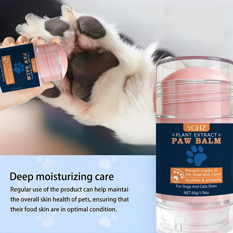 A pink balm jar of Natural Dog Paw and Nose Moisturizing Balm next to a white cat's paw.