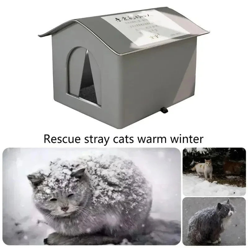 A gray insulated outdoor cat house designed to keep stray cats warm during the winter.