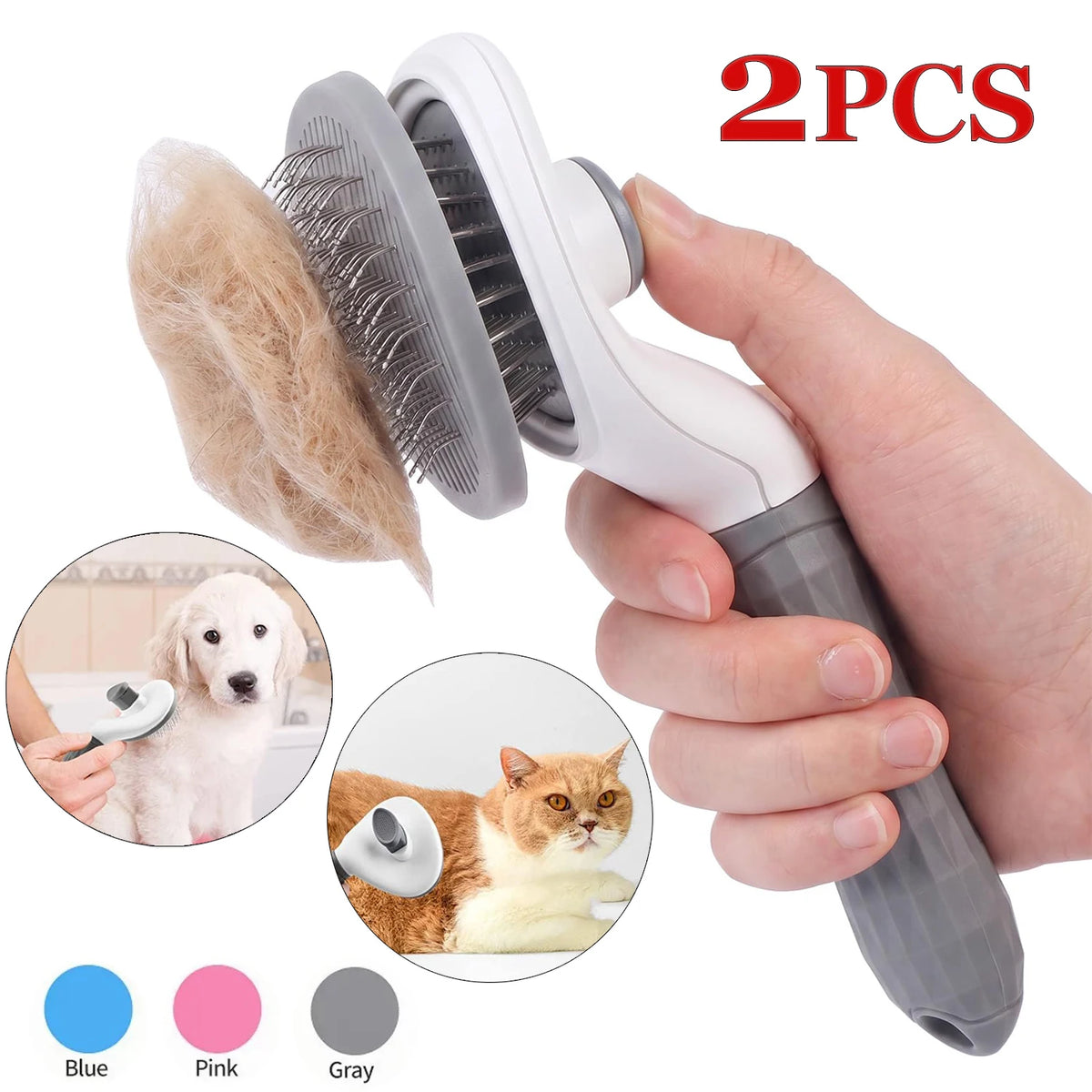 A hand holds a 2-piece self-cleaning pet hair brush with gray and white bristles, shown alongside examples of its use on a do
