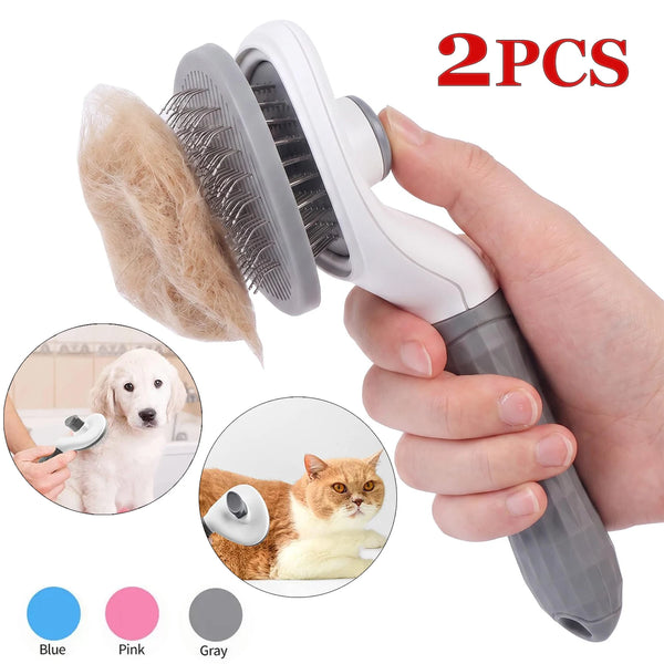 A hand holds a 2-piece self-cleaning pet hair brush with gray and white bristles, shown alongside examples of its use on a do