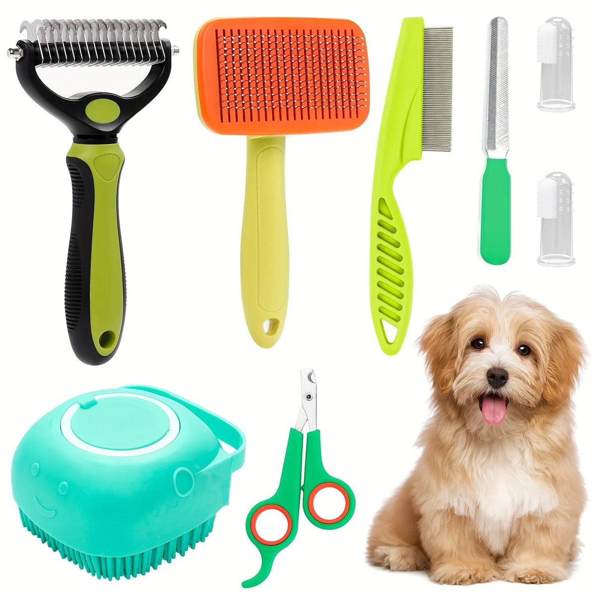 Set an Pflegetools für Haustiere, darunter ein Glätterbürste, eine Gummibürste, ein Metallkamm und Schere, neben einem Hund.