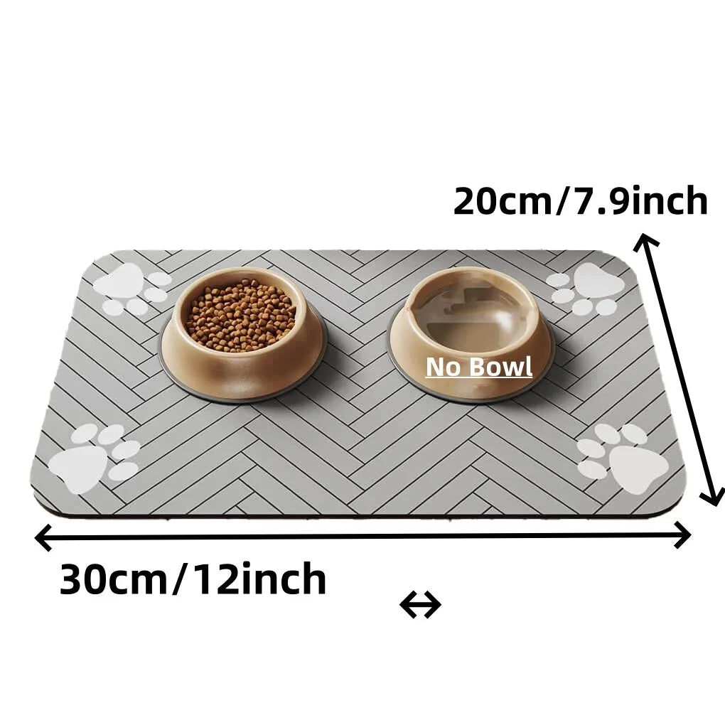 A gray pet feeding mat with two ceramic bowls for pet food, measuring 20cm by 30cm.