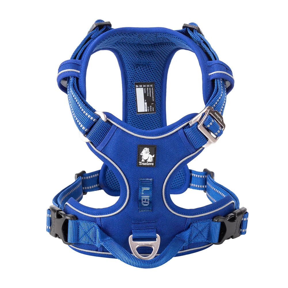 Blaues gepolstertes Nylon-Hundgeschirr mit reflektierendem Zierrand für ein Haustier.