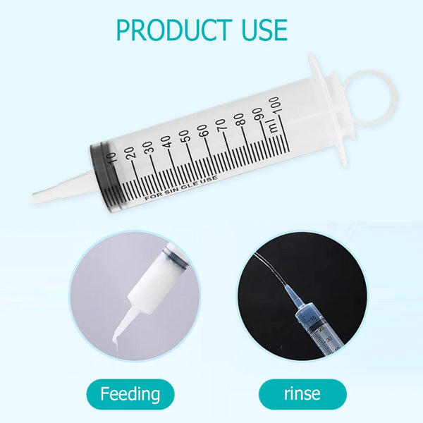 A white plastic measuring syringe marked for 10 to 100 ml volume, shown with feeding and rinse applications.