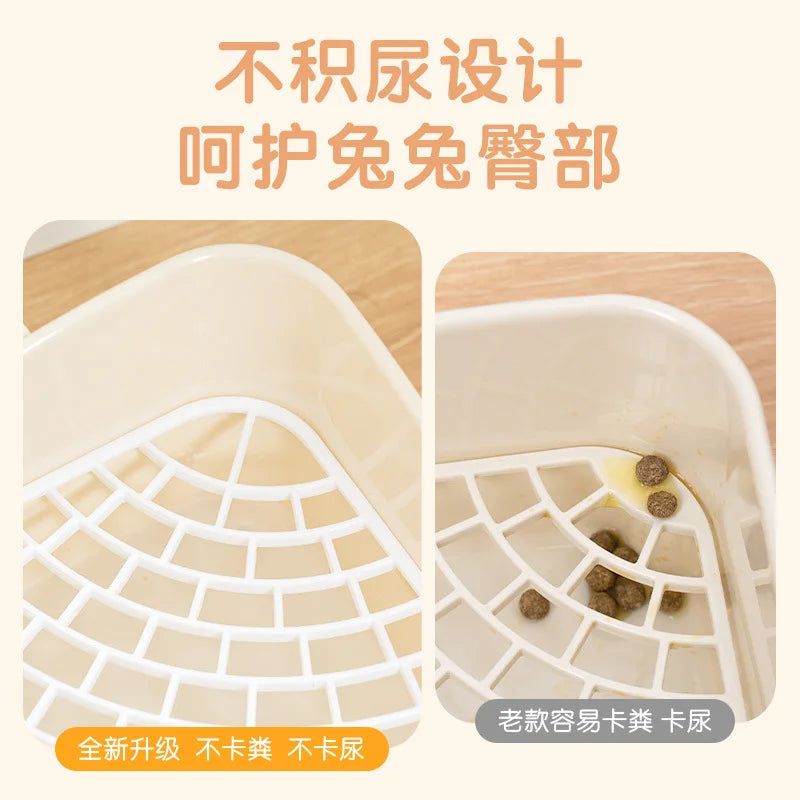 A white corner litter box with a mesh bottom is shown, designed for small pets.