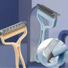 A light blue pet hair removal comb for dogs and cats shown in various angles.