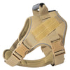 A tan heavy-duty tactical dog harness with a padded collar and adjustable straps.