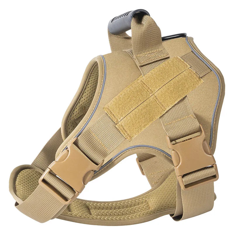 A tan heavy-duty tactical dog harness with a padded collar and adjustable straps.