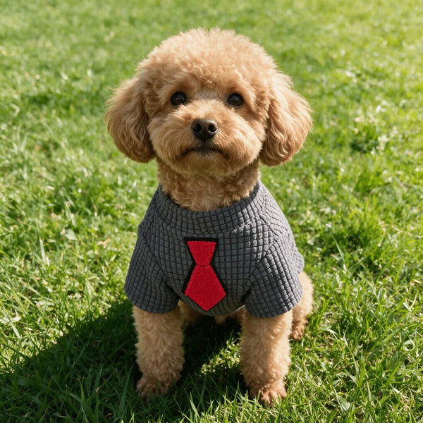 A light brown poodle wearing a gray waffle knit shirt with a red tie, sitting on green grass.