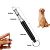 An adjustable ultrasonic dog whistle with a mouthpiece, frequency bar, plastic cover, and keychain ring.