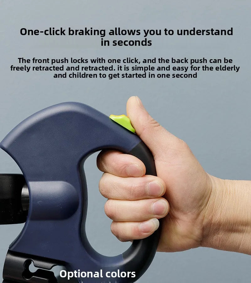 A hand is operating a blue retractable leash, demonstrating the one-click braking feature.