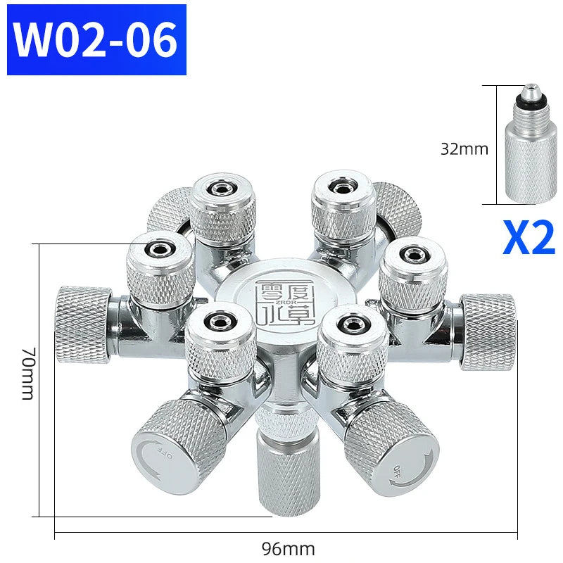Ein Satz aus zwei Edelstahl-CO2-Splittern für Aquarien mit 32mm Gewinden und einer Gesamtlänge von 96mm.