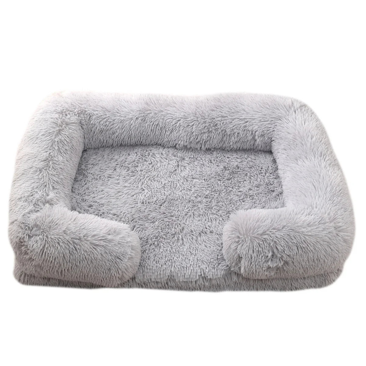 A gray orthopedic plush dog bed with a soft, fluffy border and bolster.
