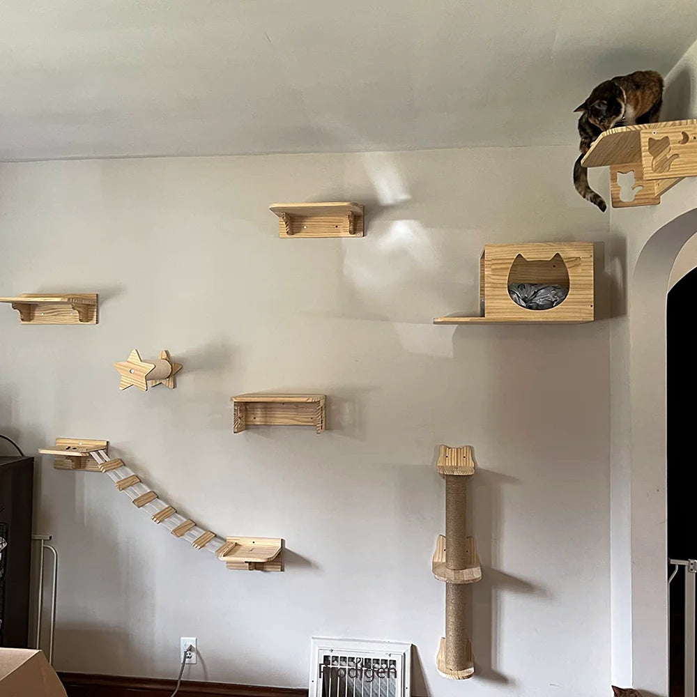 Wall-Mounted Cat Climbing Shelves with Hammock and Scratching Post