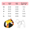 A chart detailing sizes and recommended weights for an adjustable padded dog harness vest.