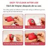 Instructions showing how to use a self-moving cat toy ball including pulling out the ear, taking out the ball, cleaning, and 