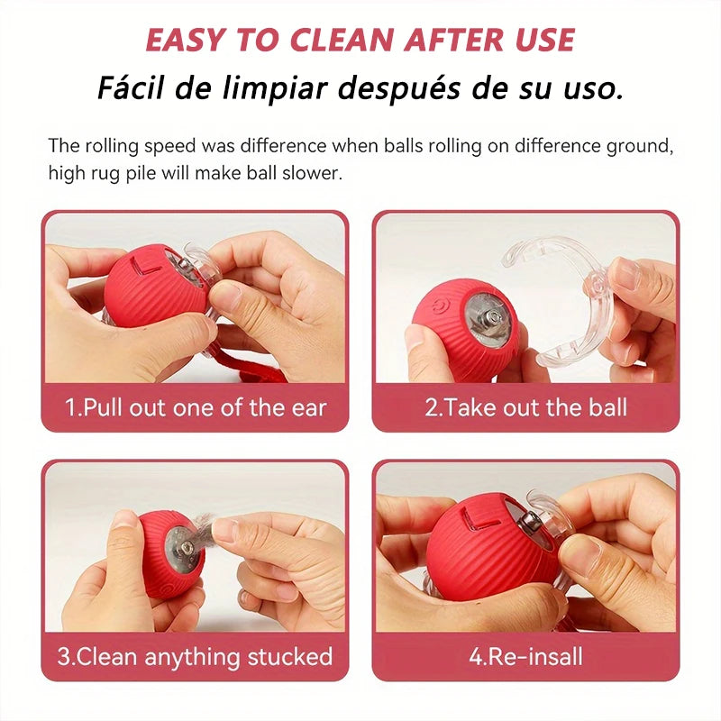 Instructions showing how to use a self-moving cat toy ball including pulling out the ear, taking out the ball, cleaning, and 