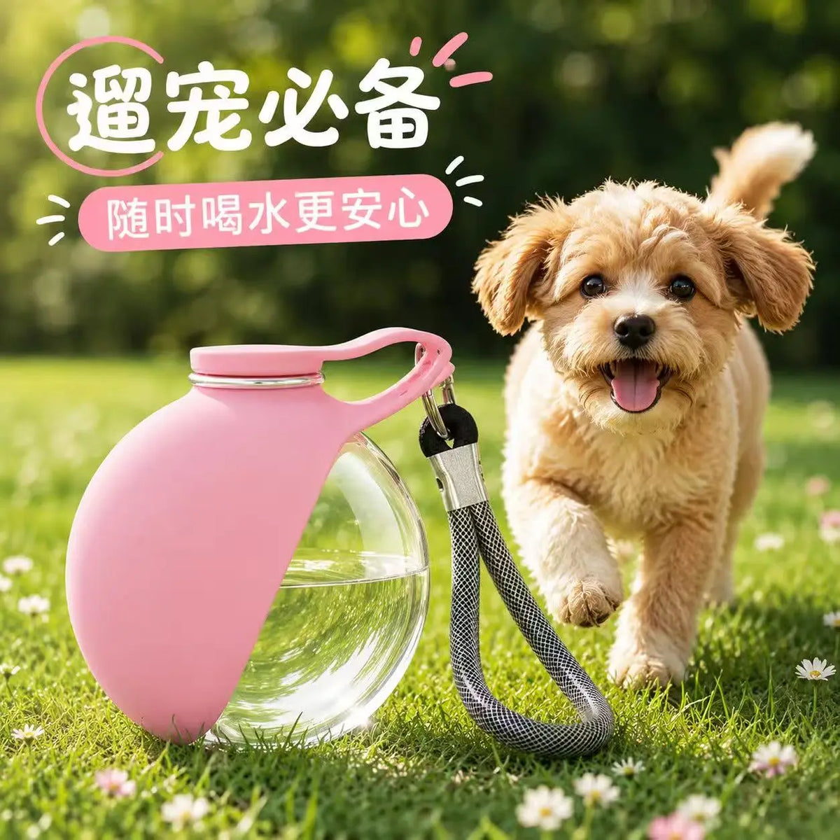A pink portable dog water bottle with a carabiner clip is shown on green grass next to a happy dog.