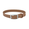 A brown adjustable PVC pet collar with a silver buckle for dogs and cats.