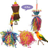 A natural wooden parrot shredder toy with colorful feathers and a wooden perch.