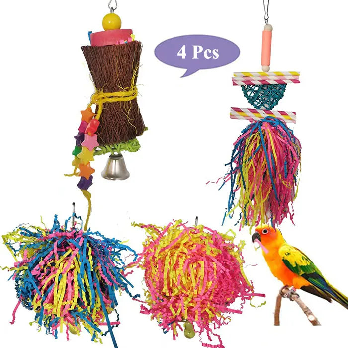 A natural wooden parrot shredder toy with colorful feathers and a wooden perch.