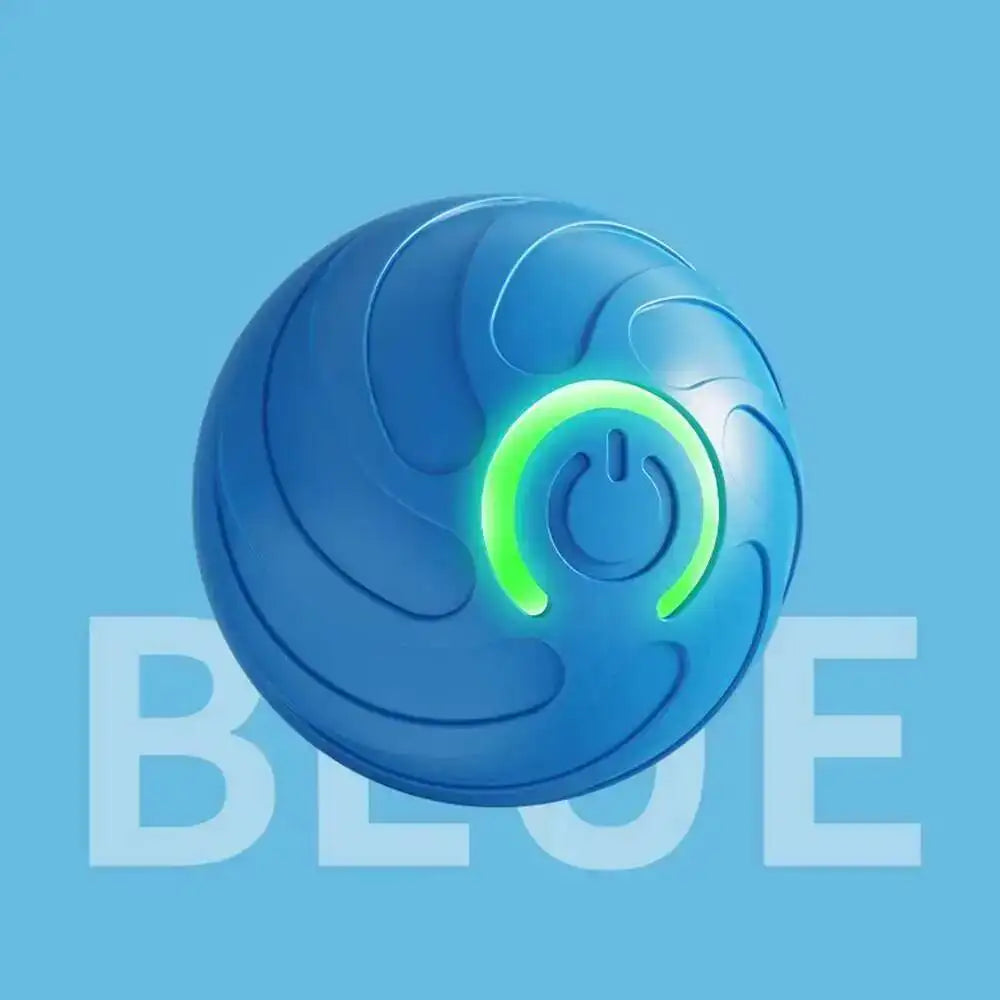 A bright blue, spherical interactive pet ball with a glowing green power symbol on its surface.