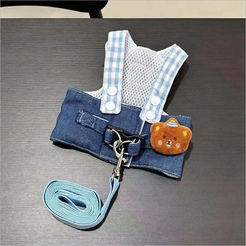 Denim Dog Harness and Leash Set with Matching Hat