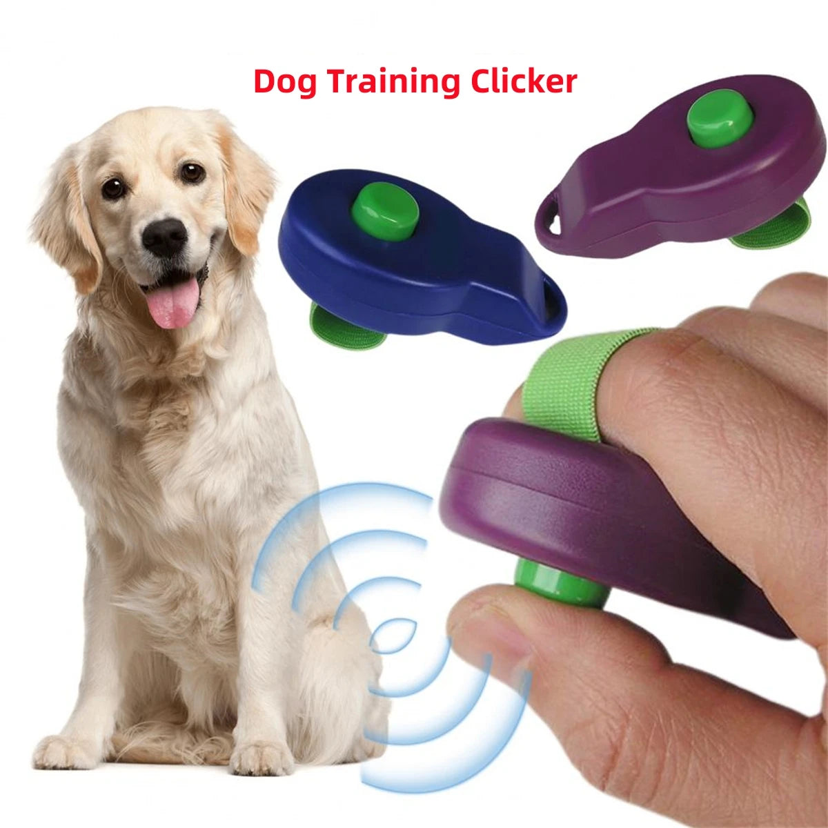 A dog training clicker and finger band are shown next to a golden retriever.