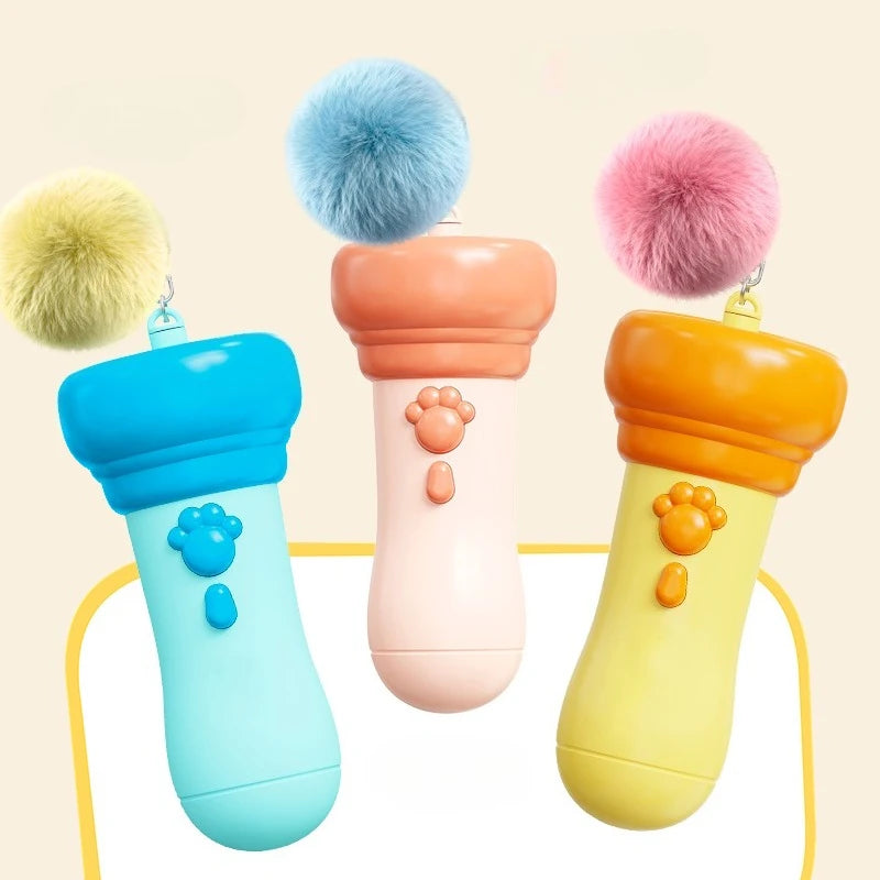 Three colorful electric cat teaser wands with fluffy pom-poms displayed against a light background.