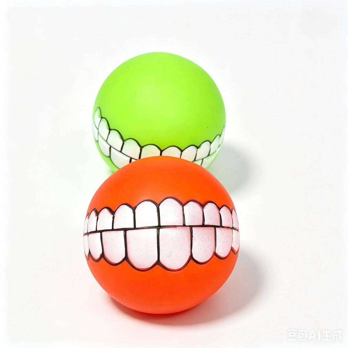 A bright lime green squeaky rugby ball dog chew toy next to an orange squeaky rugby ball dog chew toy.